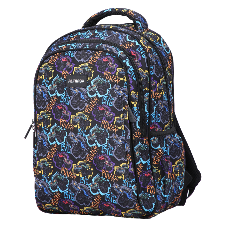 Black and Colourful Monster Trucks Midsize Kids Backpack detail shot durable YKK zips and reinforced handle, waterproof kids backpack