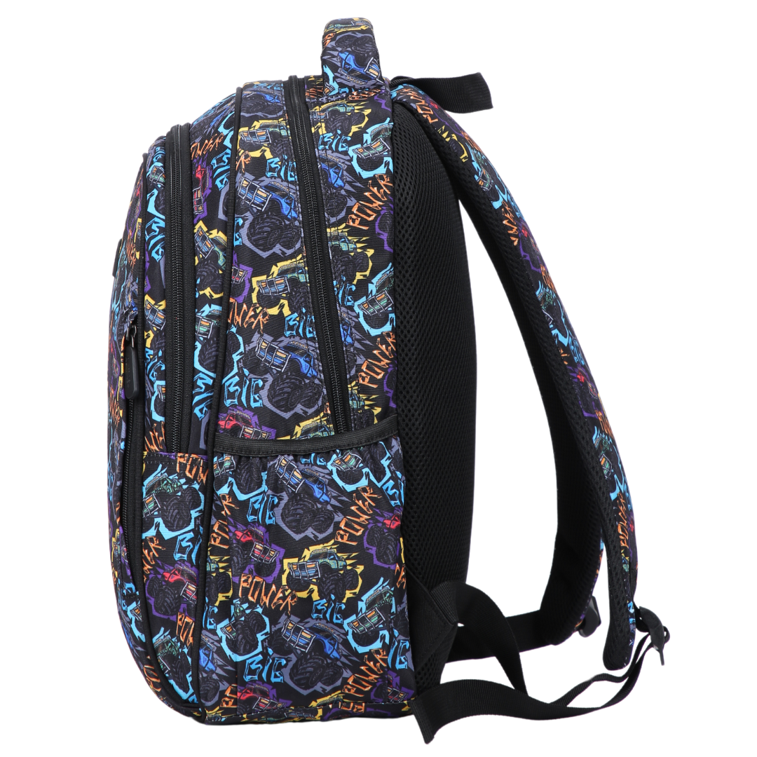 Monster Trucks Midsize Kids Backpack side pocket elasticated for secure water bottle storage