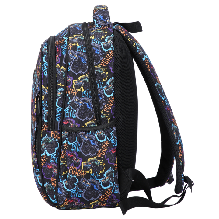 Monster Trucks Midsize Kids Backpack side pocket elasticated for secure water bottle storage