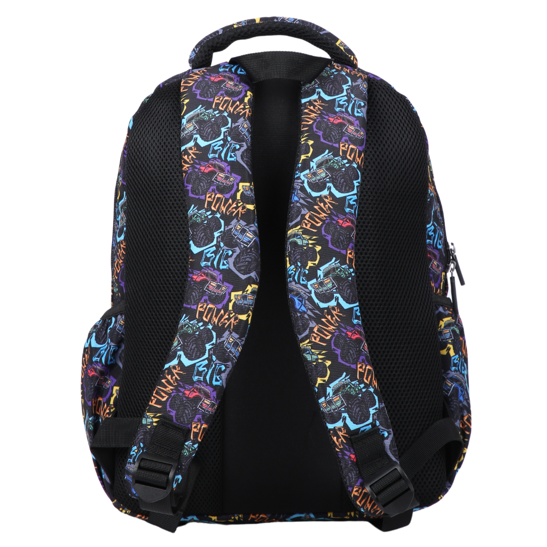 Black Monster Trucks Midsize Kids Backpack back view ergonomic padded adjustable straps and breathable back, comfortable waterproof kids school bag