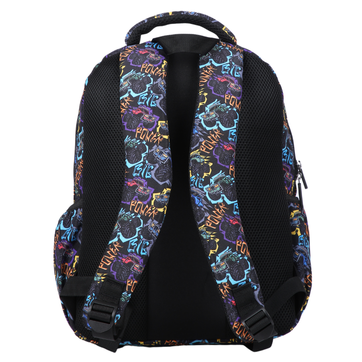 Black Monster Trucks Midsize Kids Backpack back view ergonomic padded adjustable straps and breathable back, comfortable waterproof kids school bag