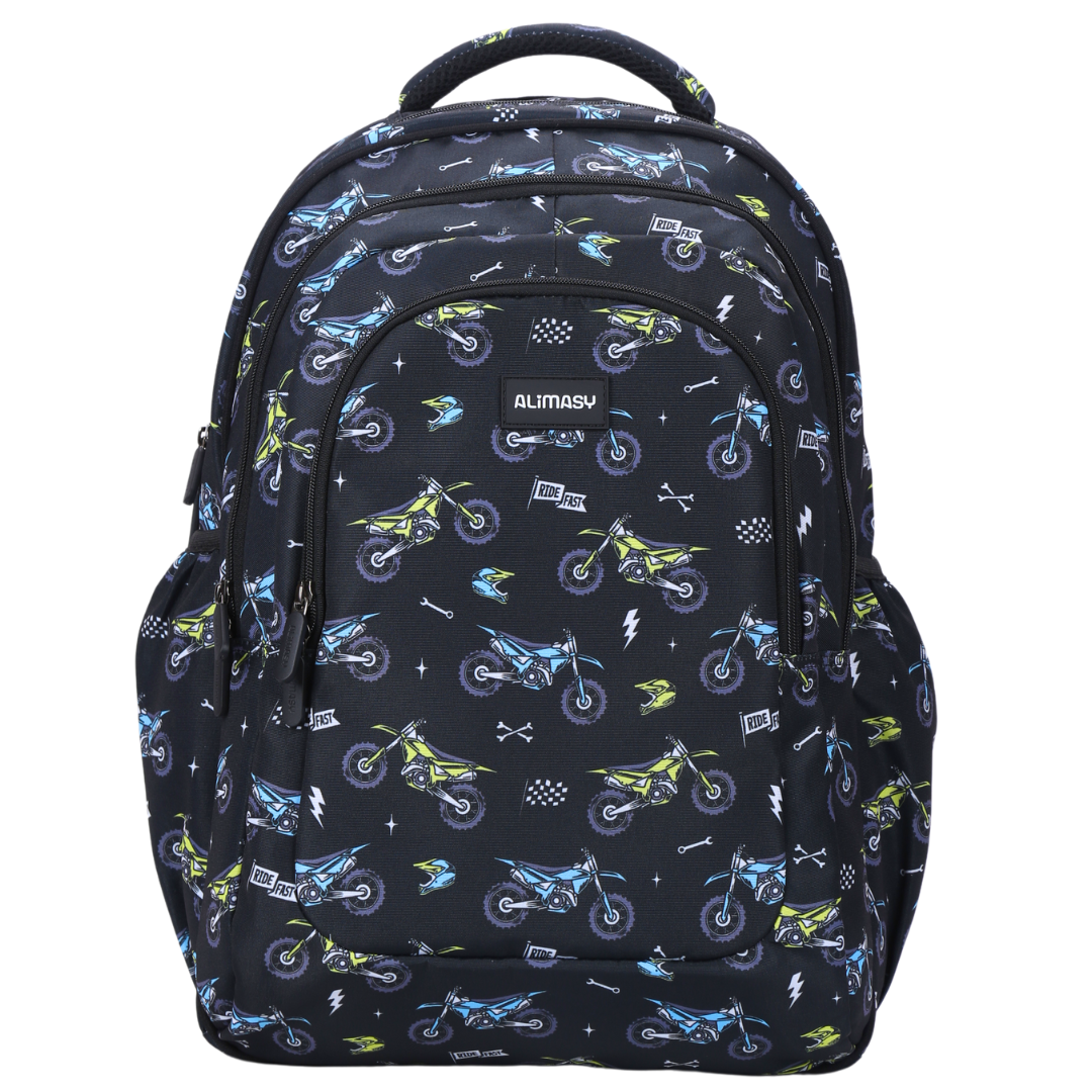 A large school backpack with a motorcross print design, featuring multiple compartments and adjustable straps.