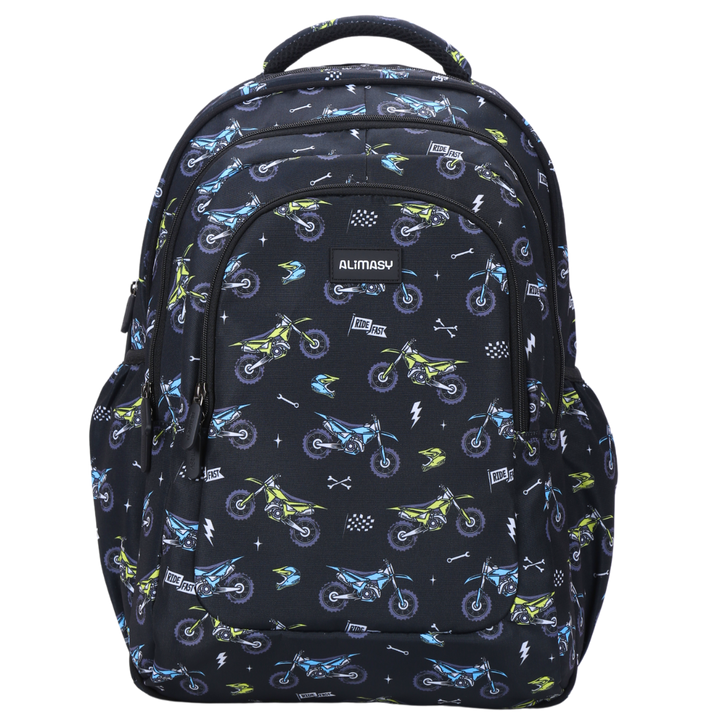 A large school backpack with a motorcross print design, featuring multiple compartments and adjustable straps.