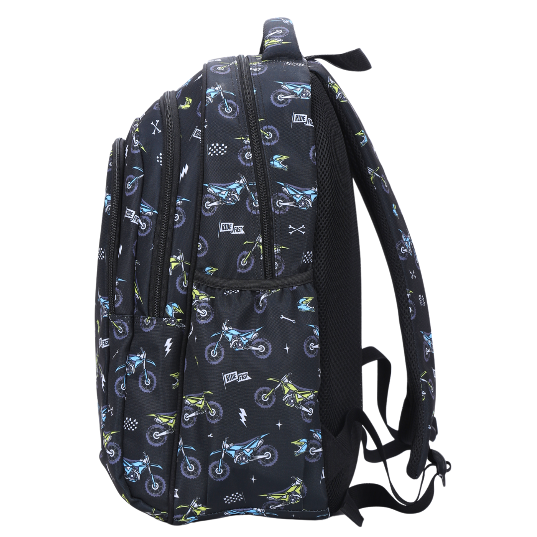 Side view of Motorcross Large School Backpack Deep side pockets and multiple carry handles