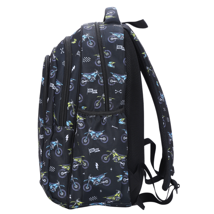 Side view of Motorcross Large School Backpack Deep side pockets and multiple carry handles