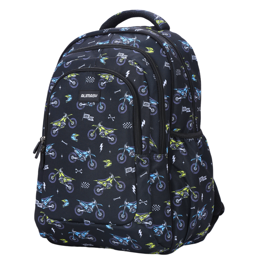 Angled view of Motorcross Large School Backpack Lightweight yet strong with YKK zips