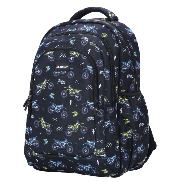 Angled view of Motorcross Large School Backpack Lightweight yet strong with YKK zips