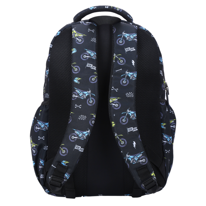 Back view of Motorcross Large School Backpack Padded straps and breathable cushions for comfort