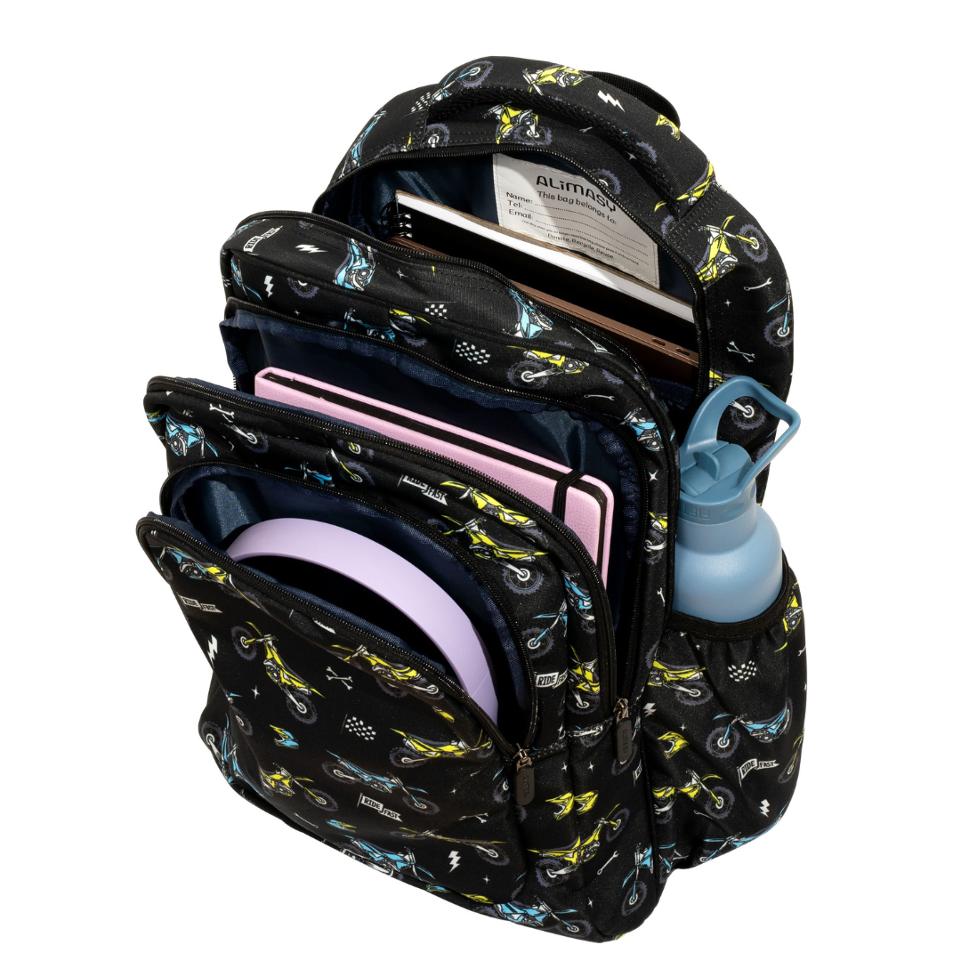 Close-up of Motorcross Large School Backpack Easy clean waterproof lining and durable fabric