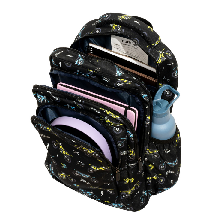 Close-up of Motorcross Large School Backpack Easy clean waterproof lining and durable fabric