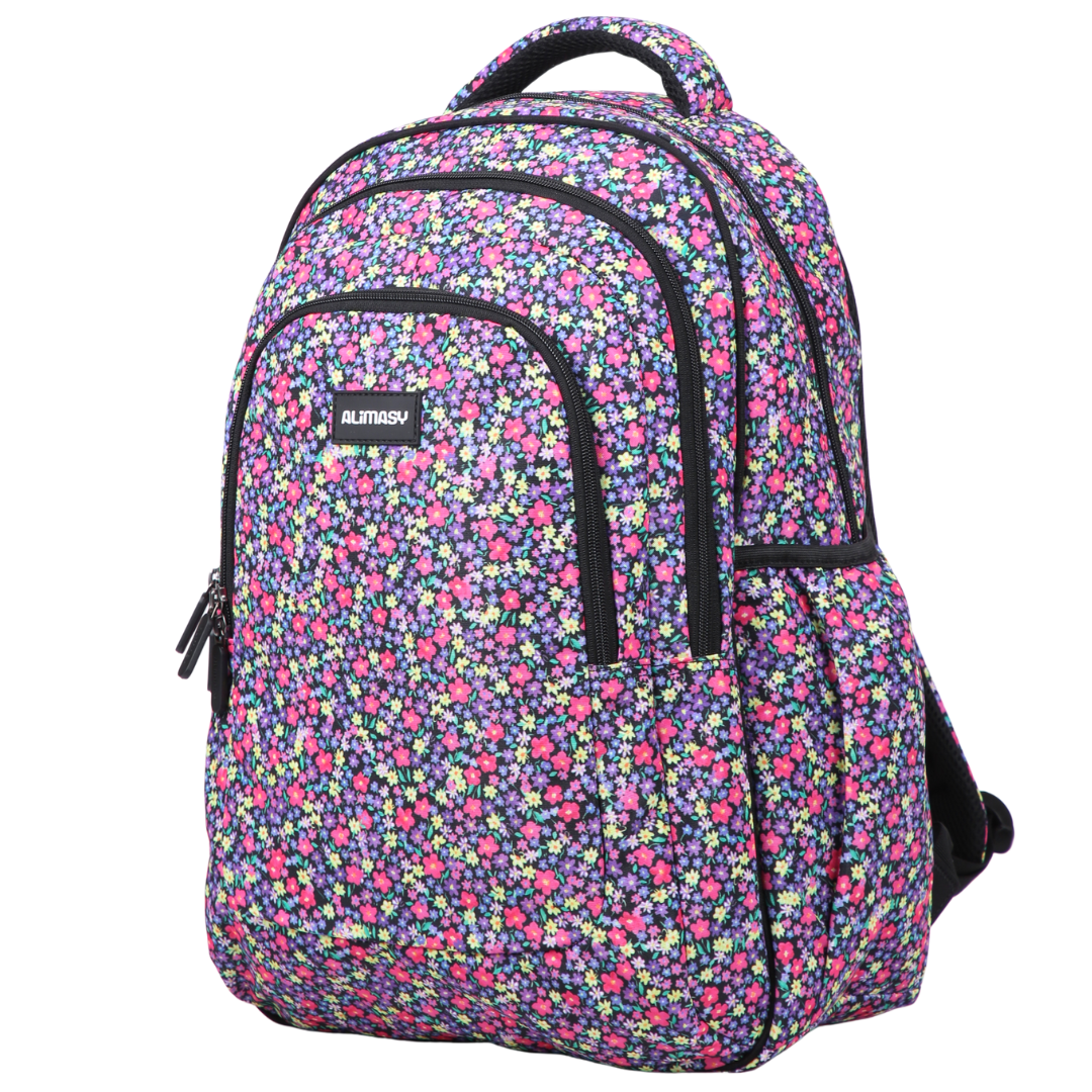 Angled view of Pastel Floral Ditsy Large School Backpack Lightweight yet strong with YKK zips