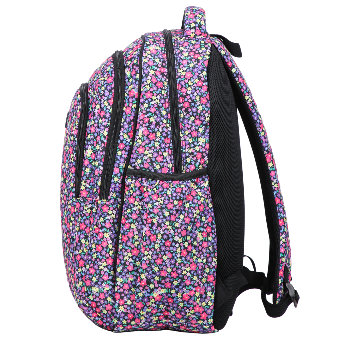 Side view of Pastel Floral Ditsy Large School Backpack Deep side pockets and multiple carry handles