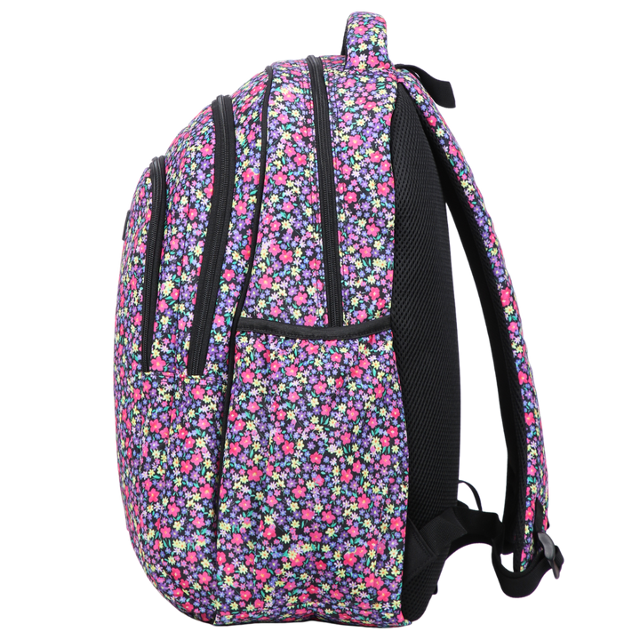 Side view of Pastel Floral Ditsy Large School Backpack Deep side pockets and multiple carry handles