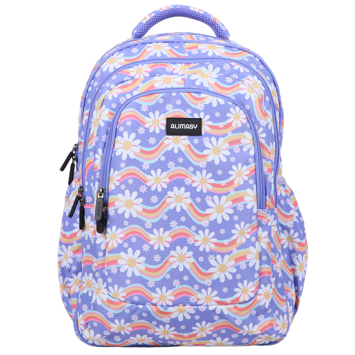 A large school backpack with a lilac purple base color, featuring a floral pattern with yellow, blue, pink, and white colors and a padded shoulder strap.