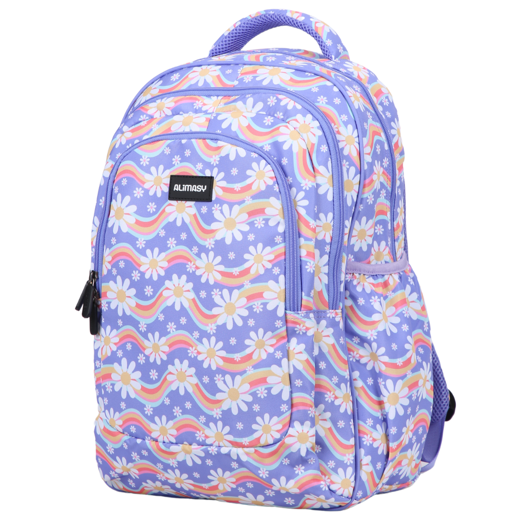 Angled view of Rainbow Daisy Large School Backpack Lightweight yet strong with YKK zips