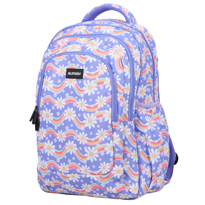 Angled view of Rainbow Daisy Large School Backpack Lightweight yet strong with YKK zips