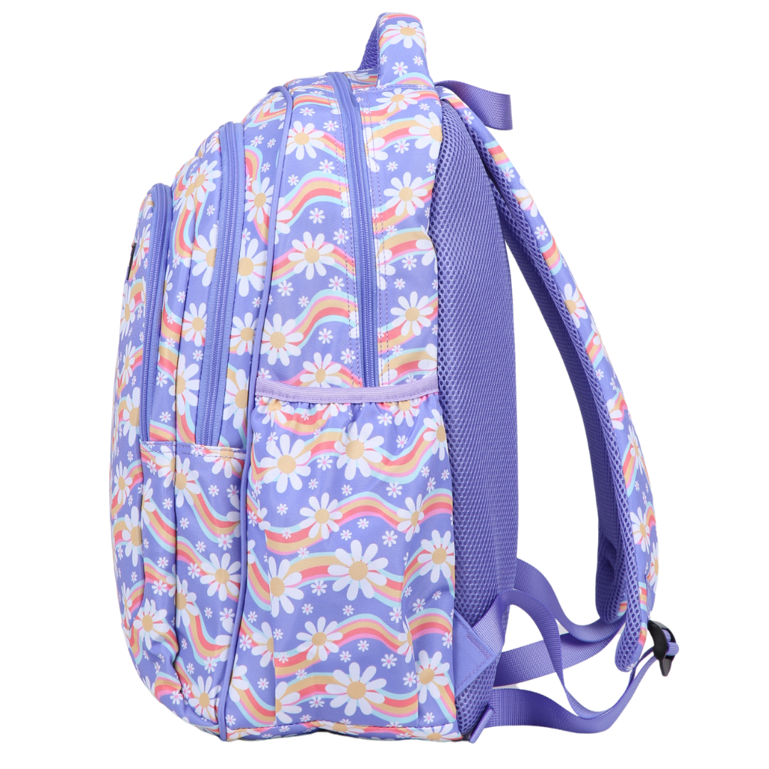 Side view of Rainbow Daisy Large School Backpack Deep side pockets and multiple carry handles
