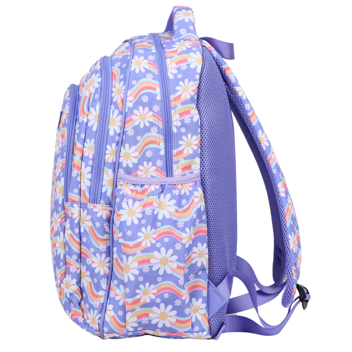 Side view of Rainbow Daisy Large School Backpack Deep side pockets and multiple carry handles