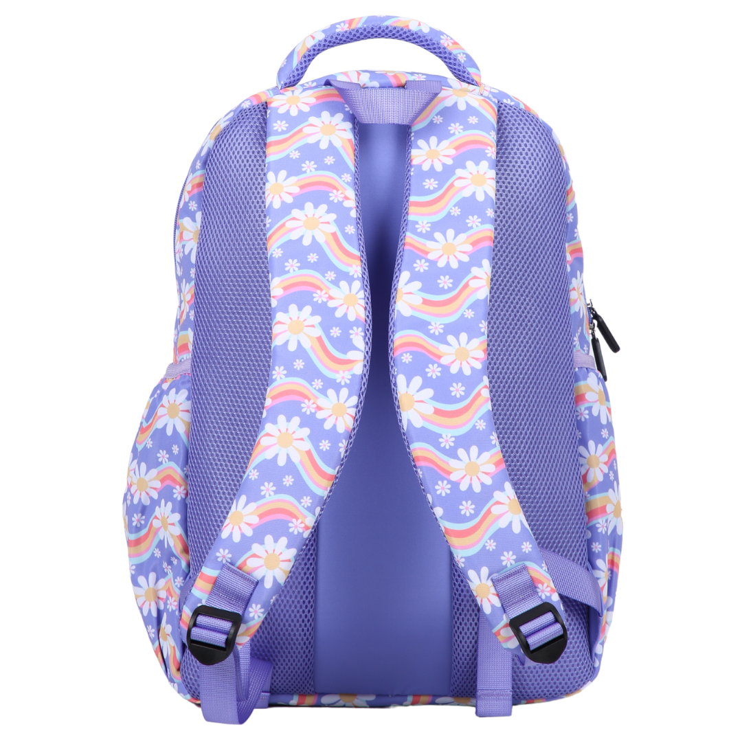 Back view of Rainbow Daisy Large School Backpack Padded straps and breathable cushions for comfort