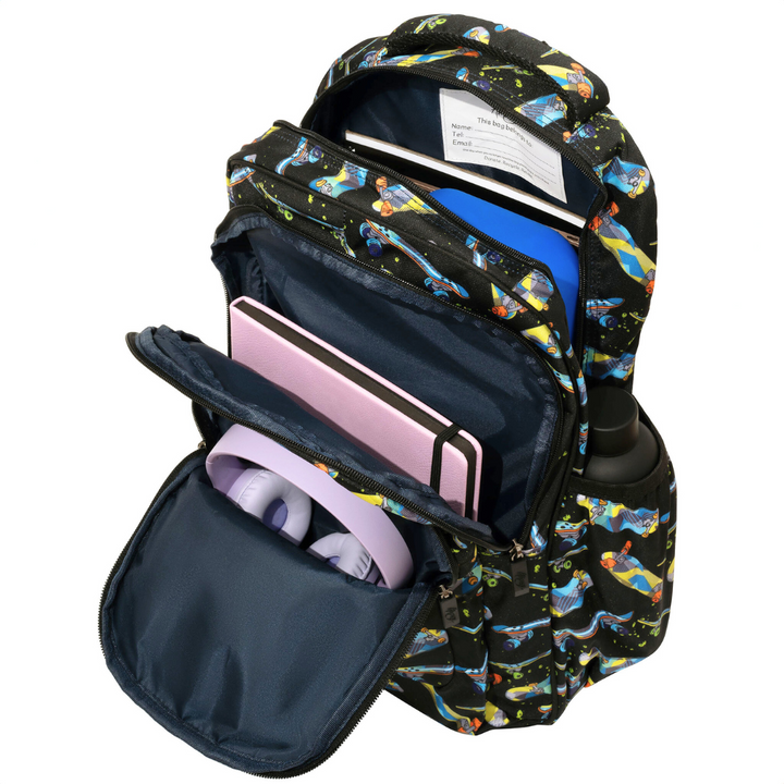 Close-up of Skateboard Large School Backpack Easy clean waterproof lining and durable fabric