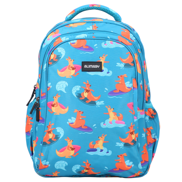 Surfing Kangaroos Midsize Kids Backpack front view lightweight waterproof preschool and primary school bag Australia NZ