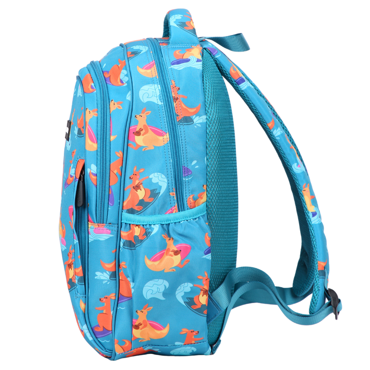 Surfing Kangaroos Midsize Kids Backpack side pocket elasticated for secure water bottle storage