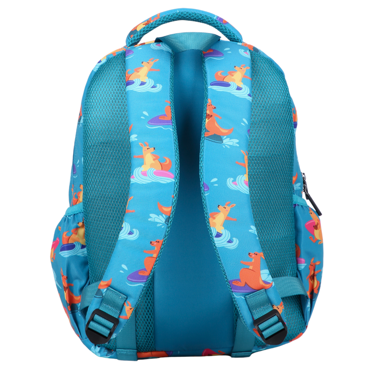 Surfing Kangaroos Midsize Kids Backpack back view ergonomic padded straps and back, comfortable waterproof kids school bag
