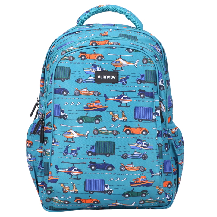 A midsize children's backpack with a transport themed print, featuring large zippered compartments and a padded carry handle.