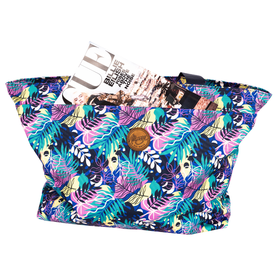alimasy tropical everyday womens tote bag with full width zipped side pocket with magazine