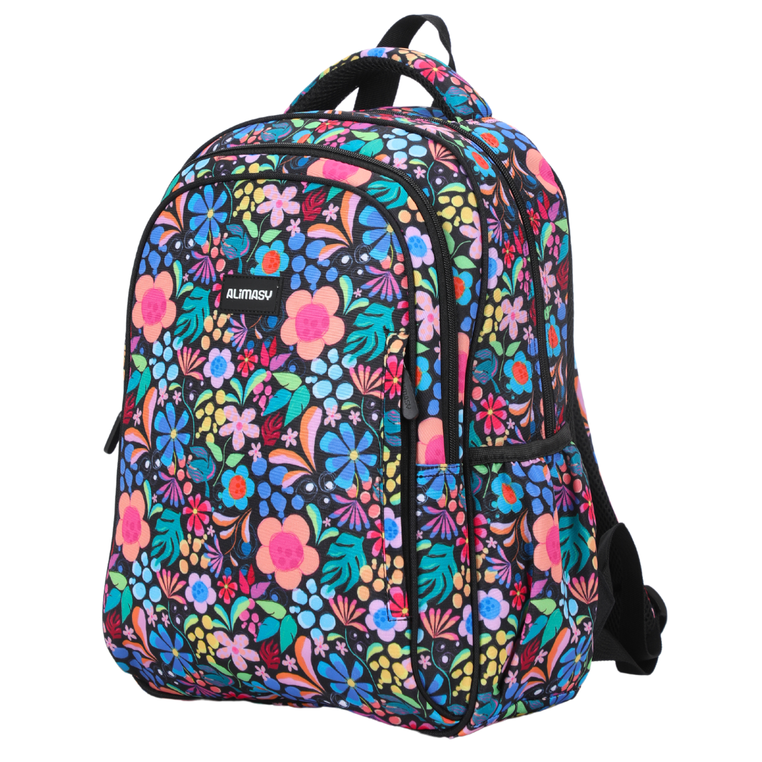 Black Wonderland Floral Midsize Kids Backpack front view lightweight waterproof preschool and primary school bag Australia NZ