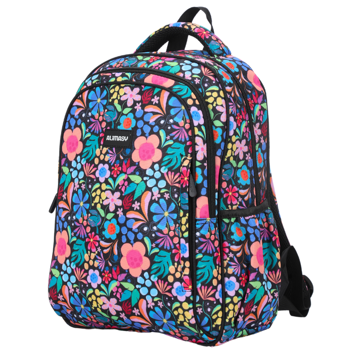 Black Wonderland Floral Midsize Kids Backpack front view lightweight waterproof preschool and primary school bag Australia NZ