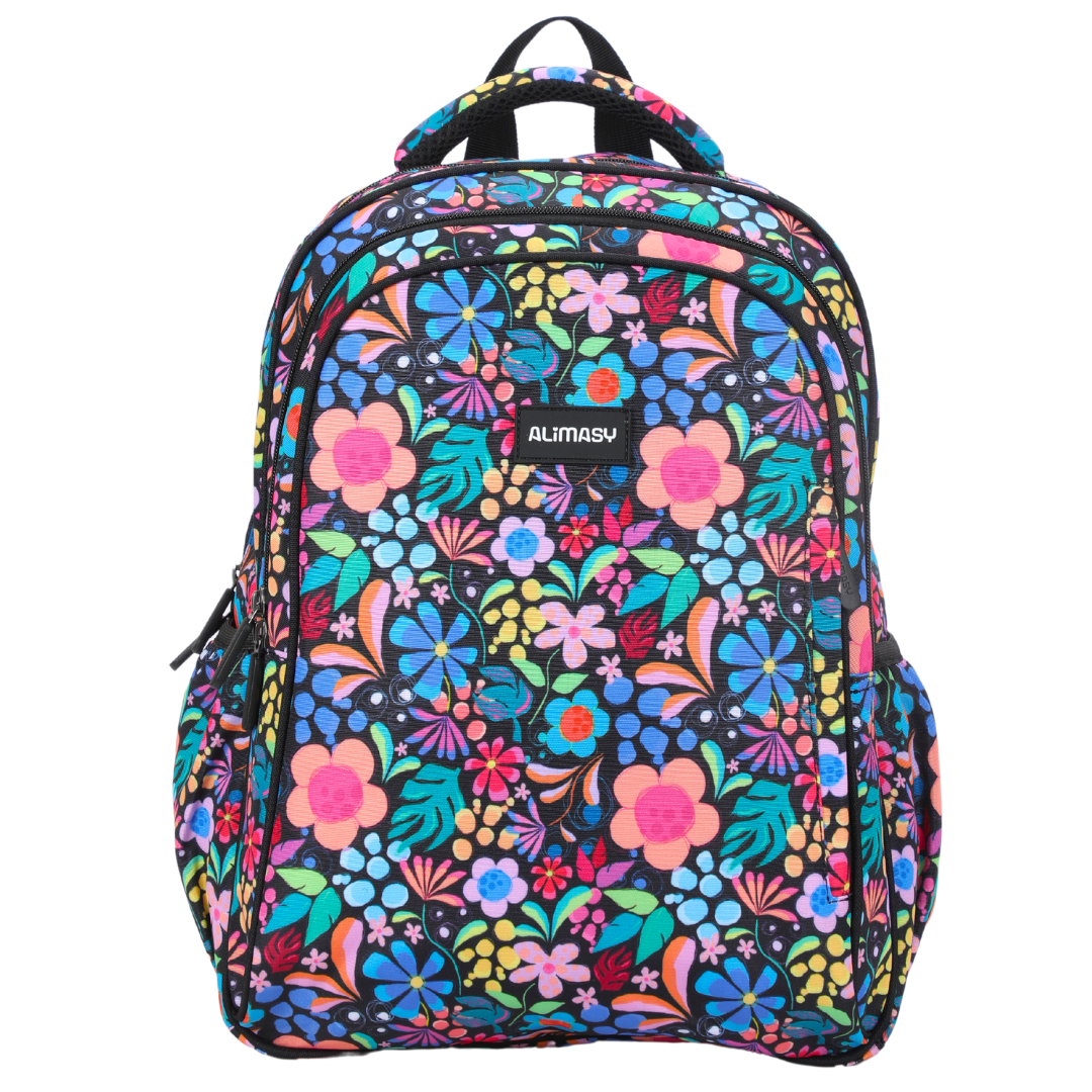 A midsize children's backpack with a colorful floral print. The backpack features multiple compartments and adjustable padded straps.
