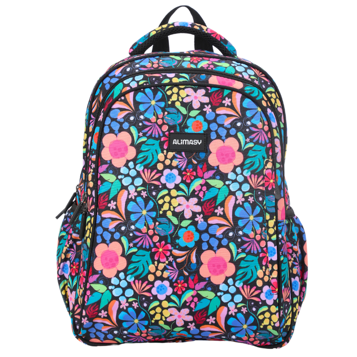 A midsize children's backpack with a colorful floral print. The backpack features multiple compartments and adjustable padded straps.