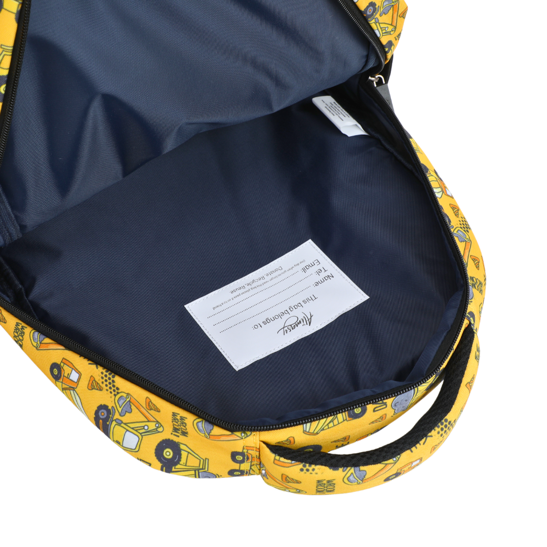 Construction Midsize Kids Backpack inside view easy-clean waterproof interior lining and name label, durable kids school bag