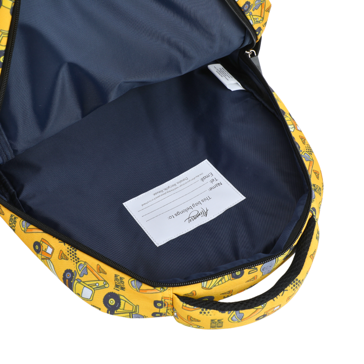 Construction Midsize Kids Backpack inside view easy-clean waterproof interior lining and name label, durable kids school bag
