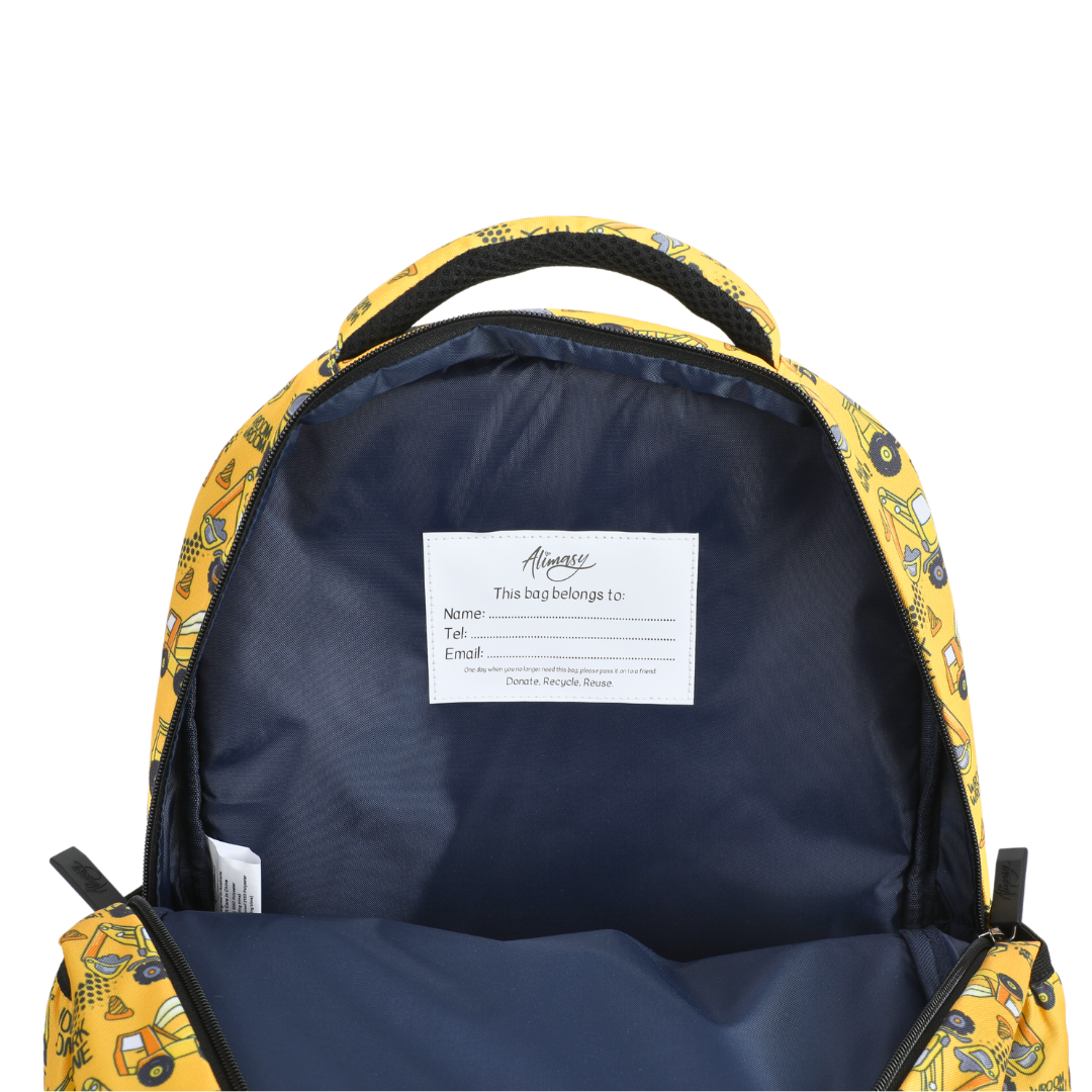 Yellow Construction Midsize Kids Backpack open flat spacious compartments for school supplies