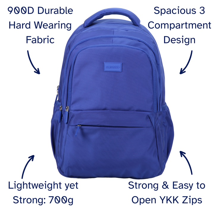Blue backpack with features highlighted on a white background
