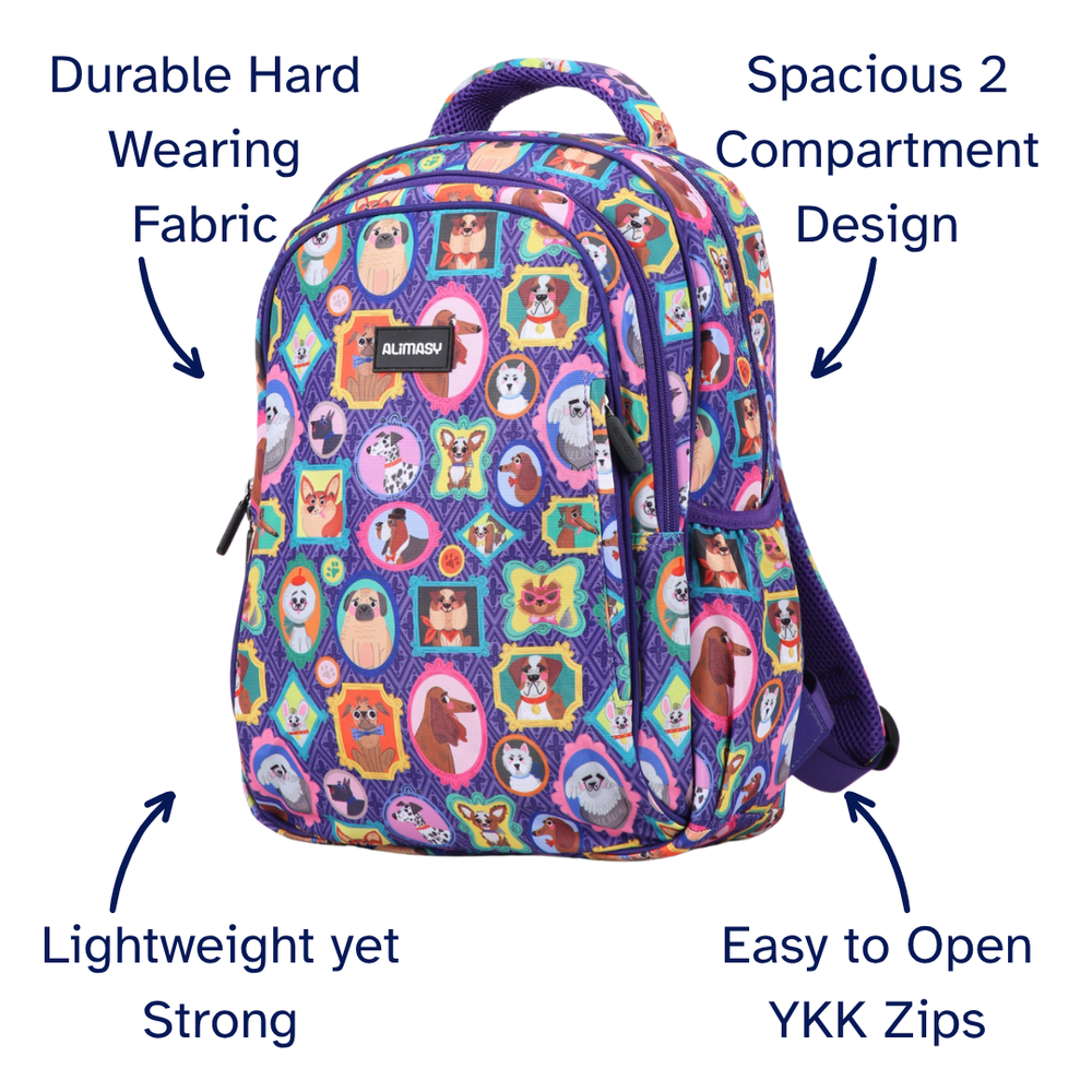 Colorful backpack with animal pattern on a white background, featuring text highlighting features.