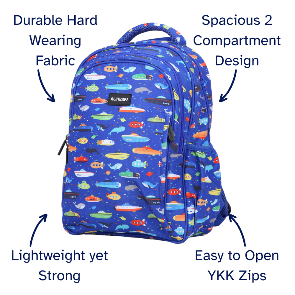 Blue backpack with colorful submarine pattern, labeled for features on a white background