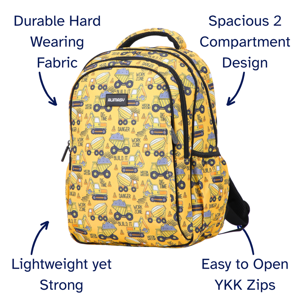 Yellow backpack with vehicle pattern on a white background, featuring text highlighting features.