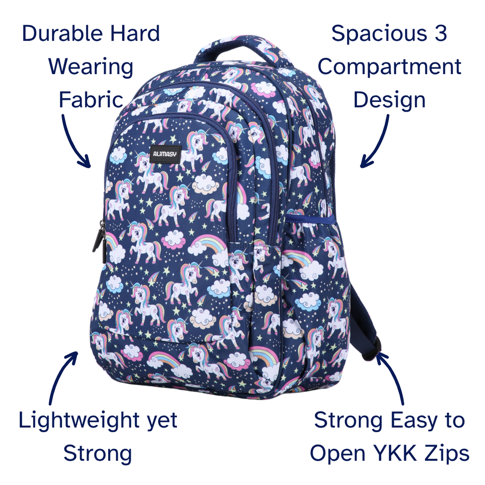 Backpack with unicorn pattern and features listed on a white background