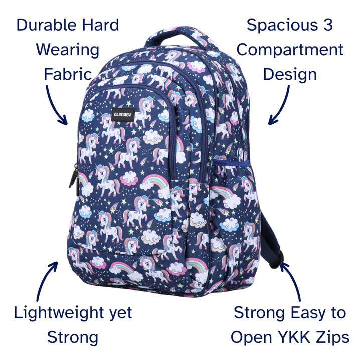 Backpack with unicorn pattern and features listed on a white background