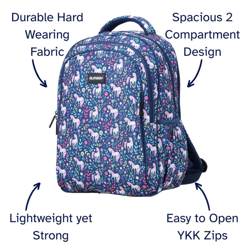 Backpack with blue and pink unicorn pattern and feature text on a white background