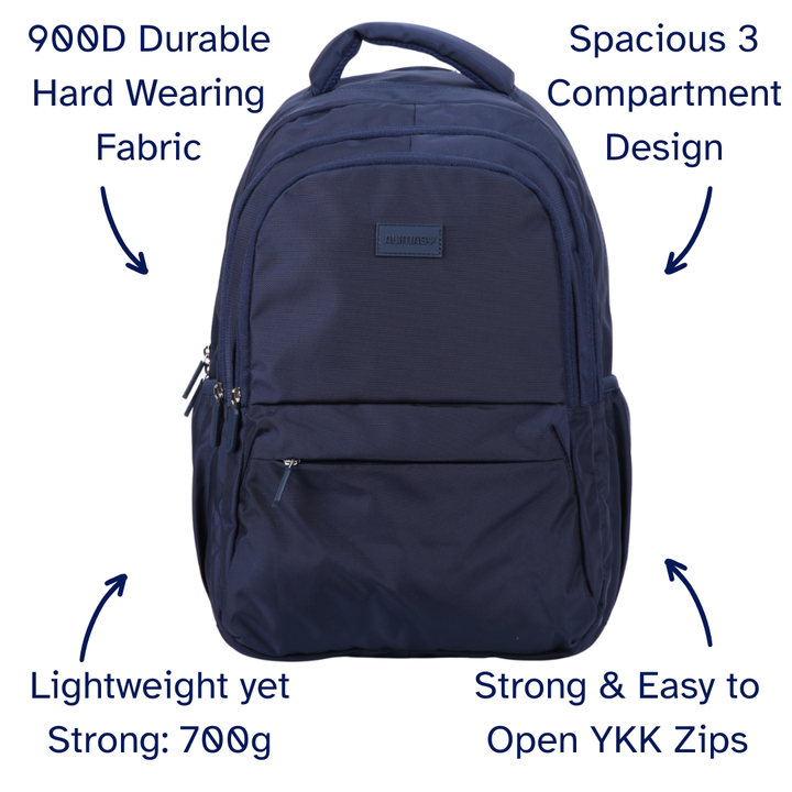 Navy blue backpack with features highlighted on a white background