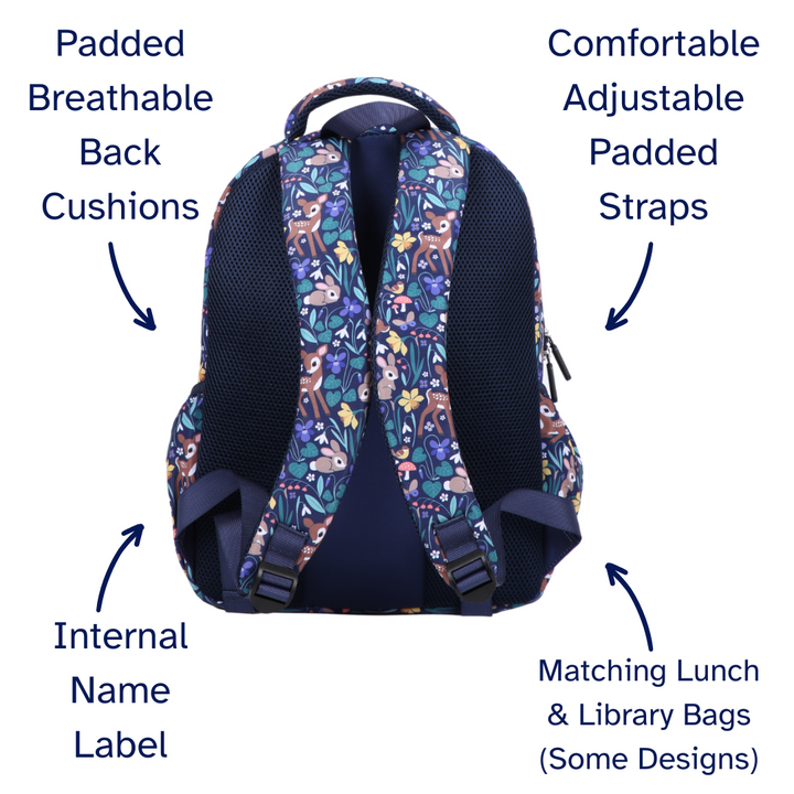 Spring Floral Midsize Kids Backpack detail shot durable YKK zips and reinforced handle, waterproof kids backpack