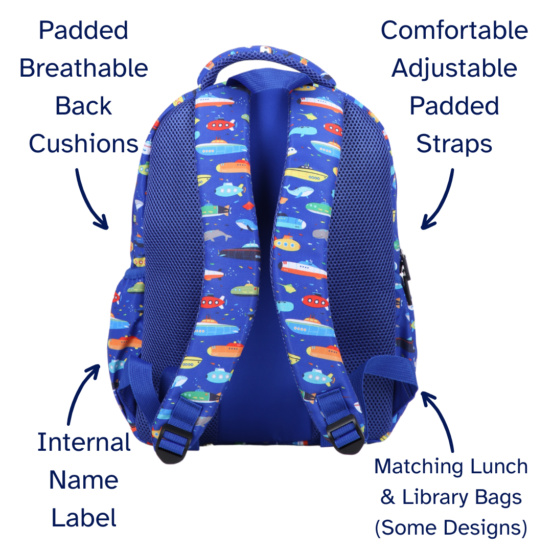 Blue children's backpack with colorful patterns back view and labeled features on a white background