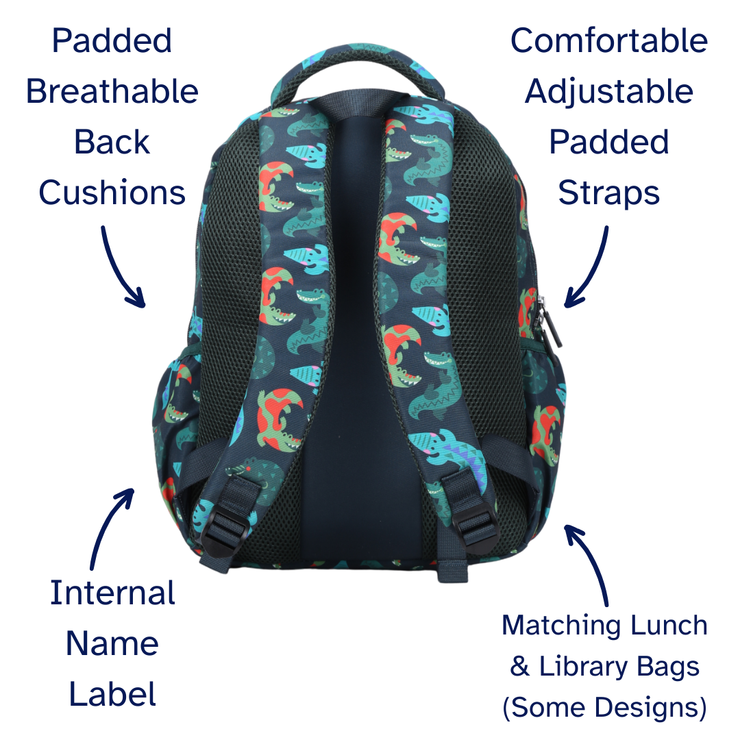Crocodile Vibe Midsize Kids Backpack detail shot durable YKK zips and reinforced handle, waterproof kids backpack