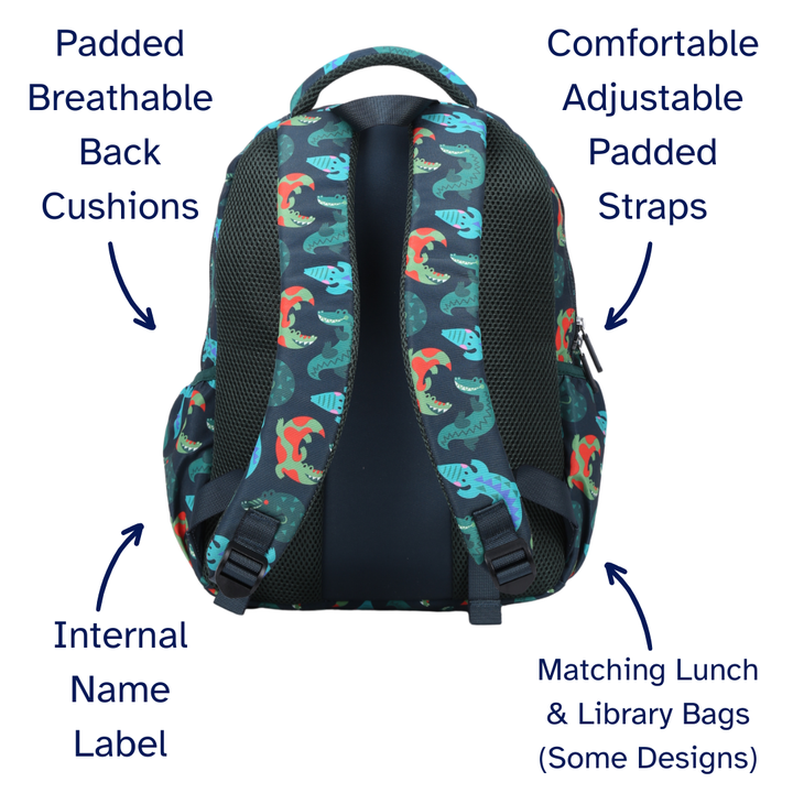 Crocodile Vibe Midsize Kids Backpack detail shot durable YKK zips and reinforced handle, waterproof kids backpack