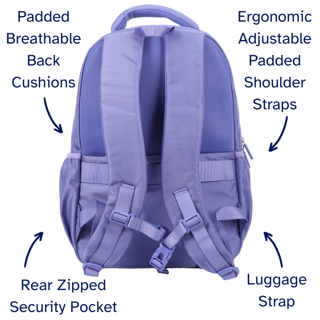 Purple 900d backpack with chest strap labeled features on a white background