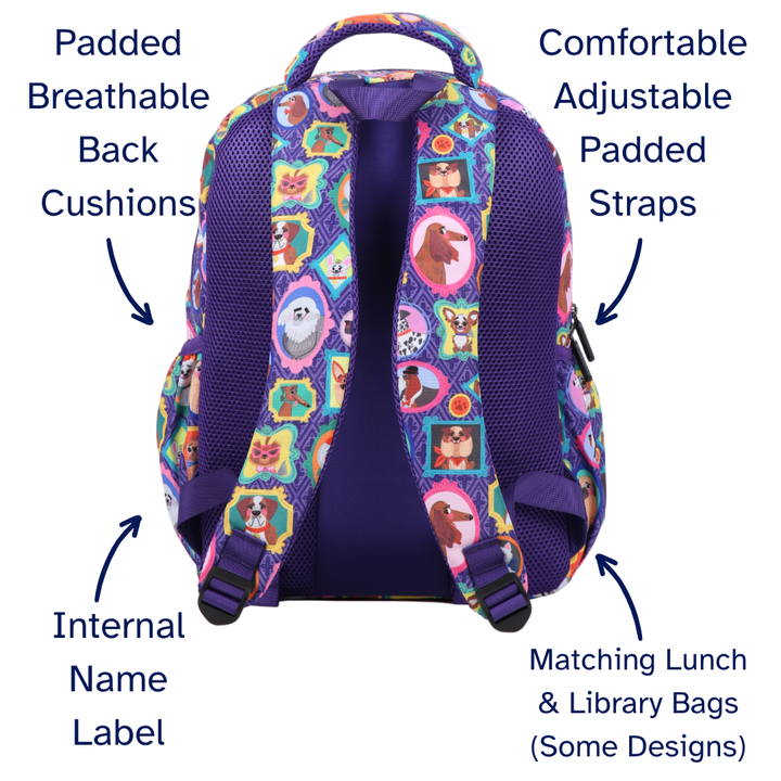 Backpack with features highlighted on a white background